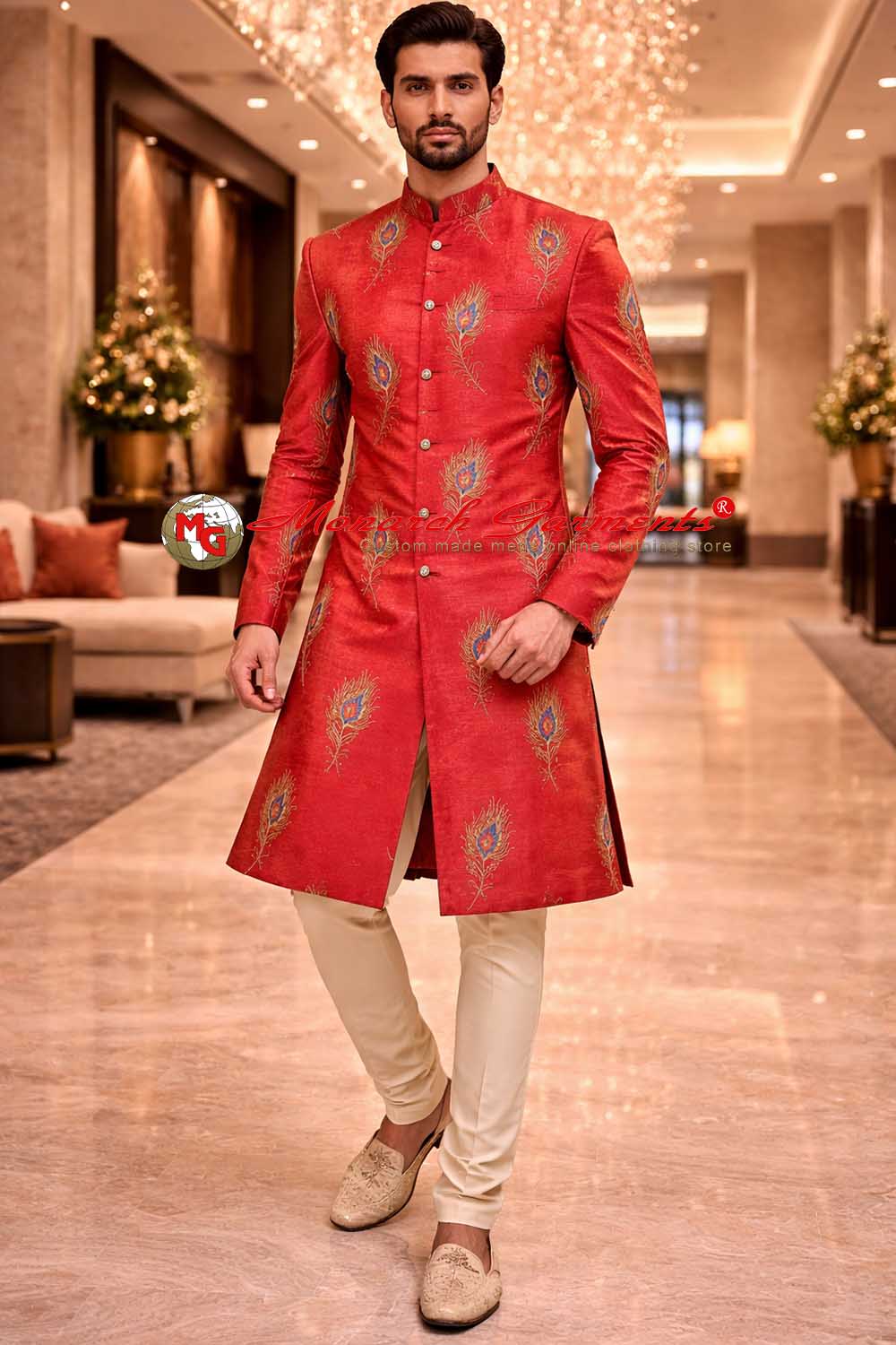 Red indowestern groom sherwani with thread embroidery and golden silk pant by Monarch Garments