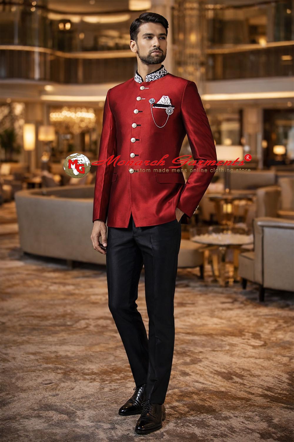 Red Jodhpuri suit for men 4 piece bandhgala with brooch and pocket square by Monarch Garments India