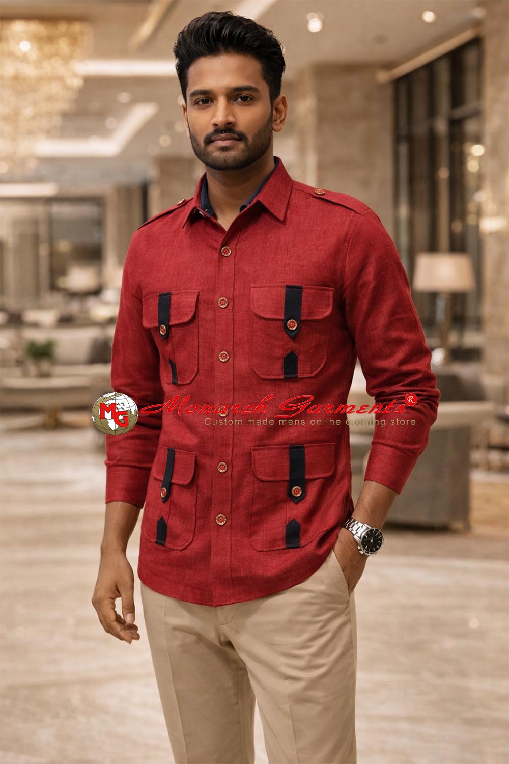 Red linen safari shirt for men slim fit multi pocket utility style India