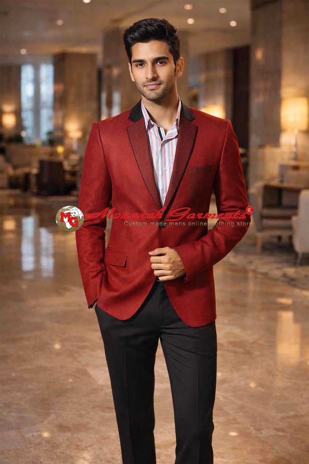 Red linen tuxedo suit for men with black lapel slim fit reception wear India