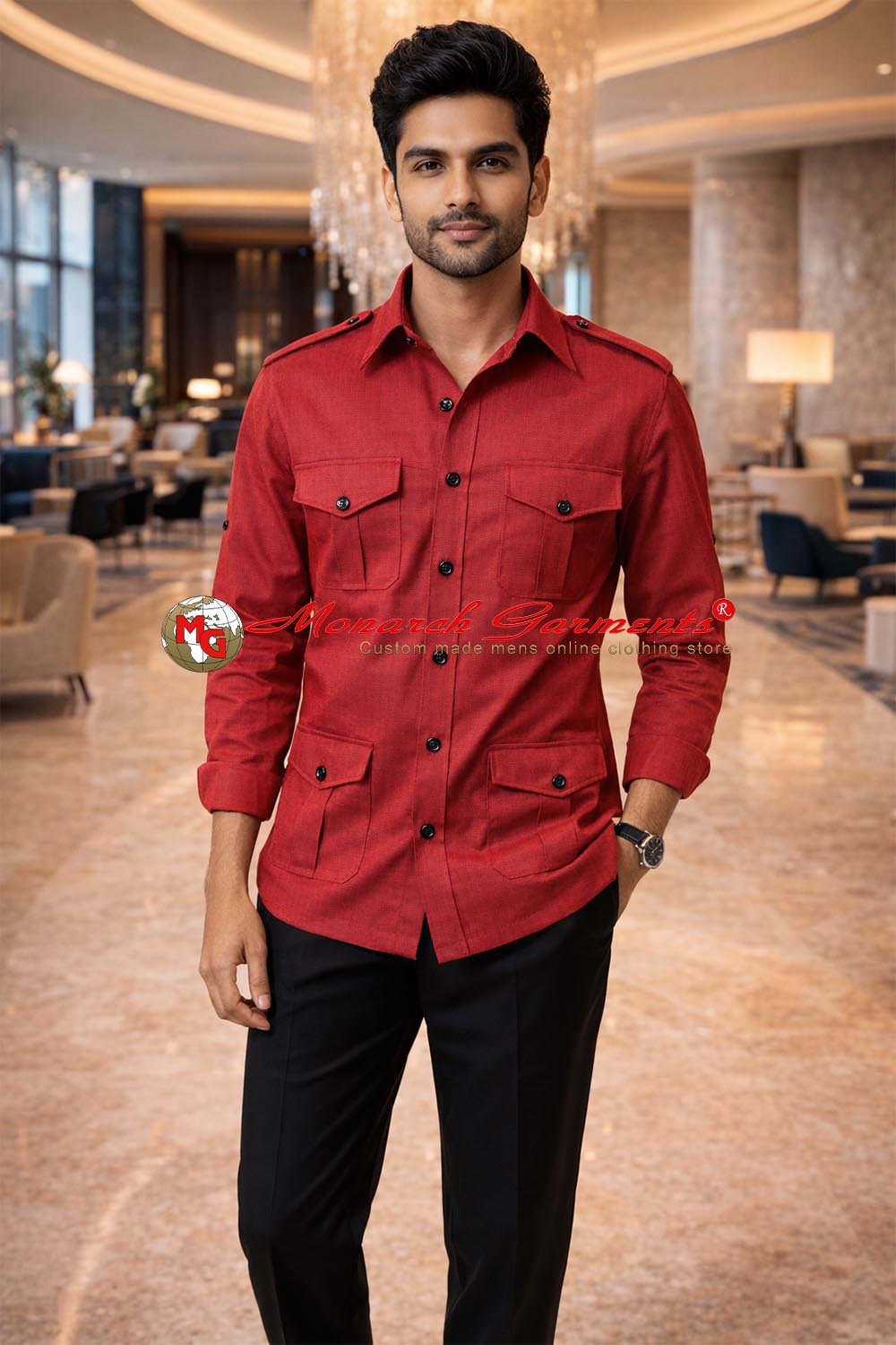 Red safari shirt for men slim fit multi pocket utility style India