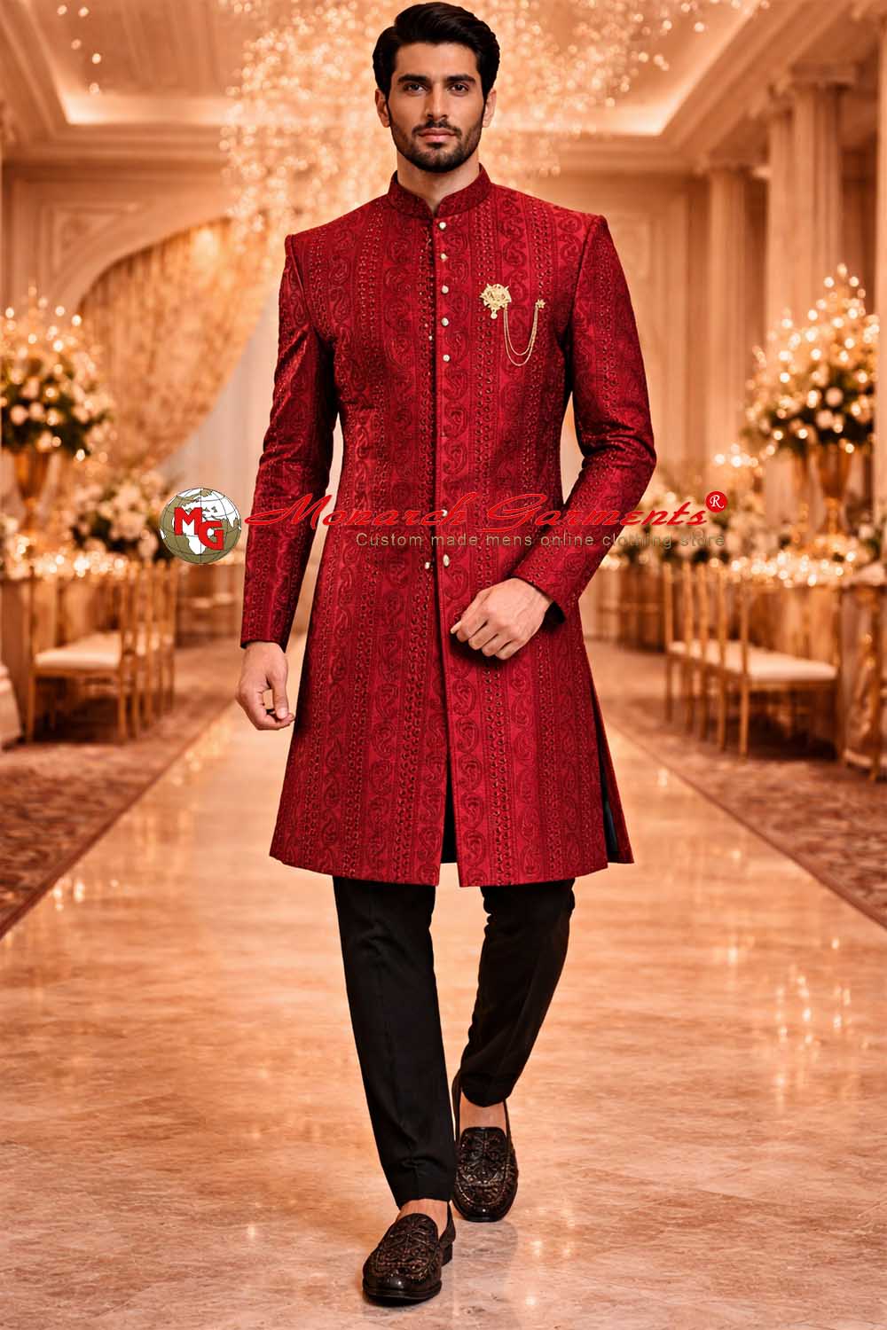 Red paisley designer indowestern sherwani for groom with black trousers for Indian wedding