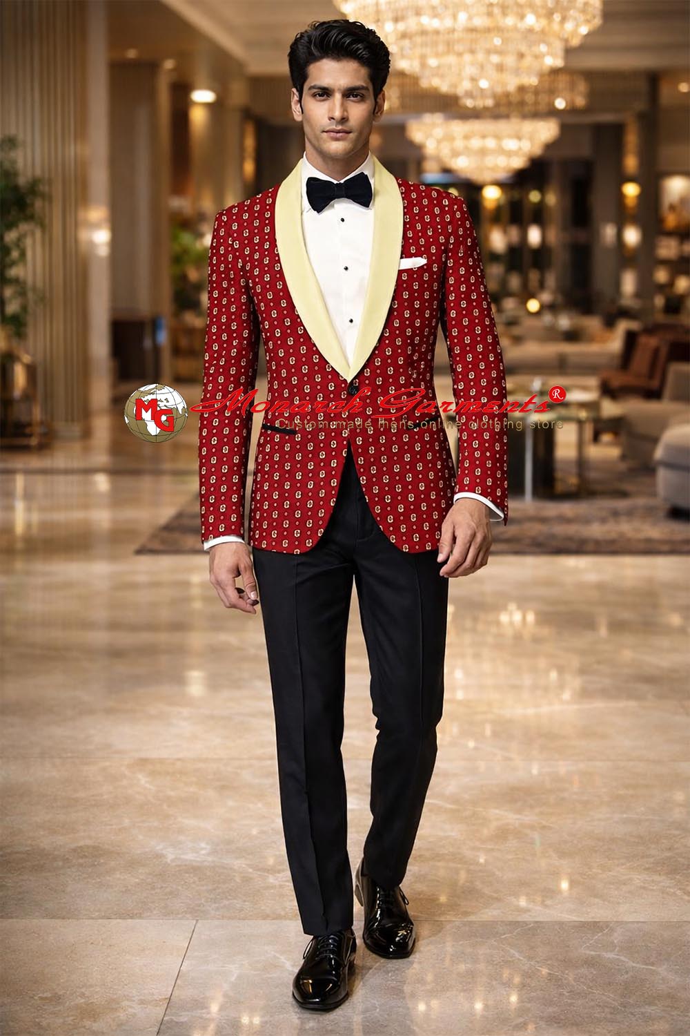 Men’s red polka print cotton slim fit blazer with cream satin shawl lapel designer wedding reception jacket