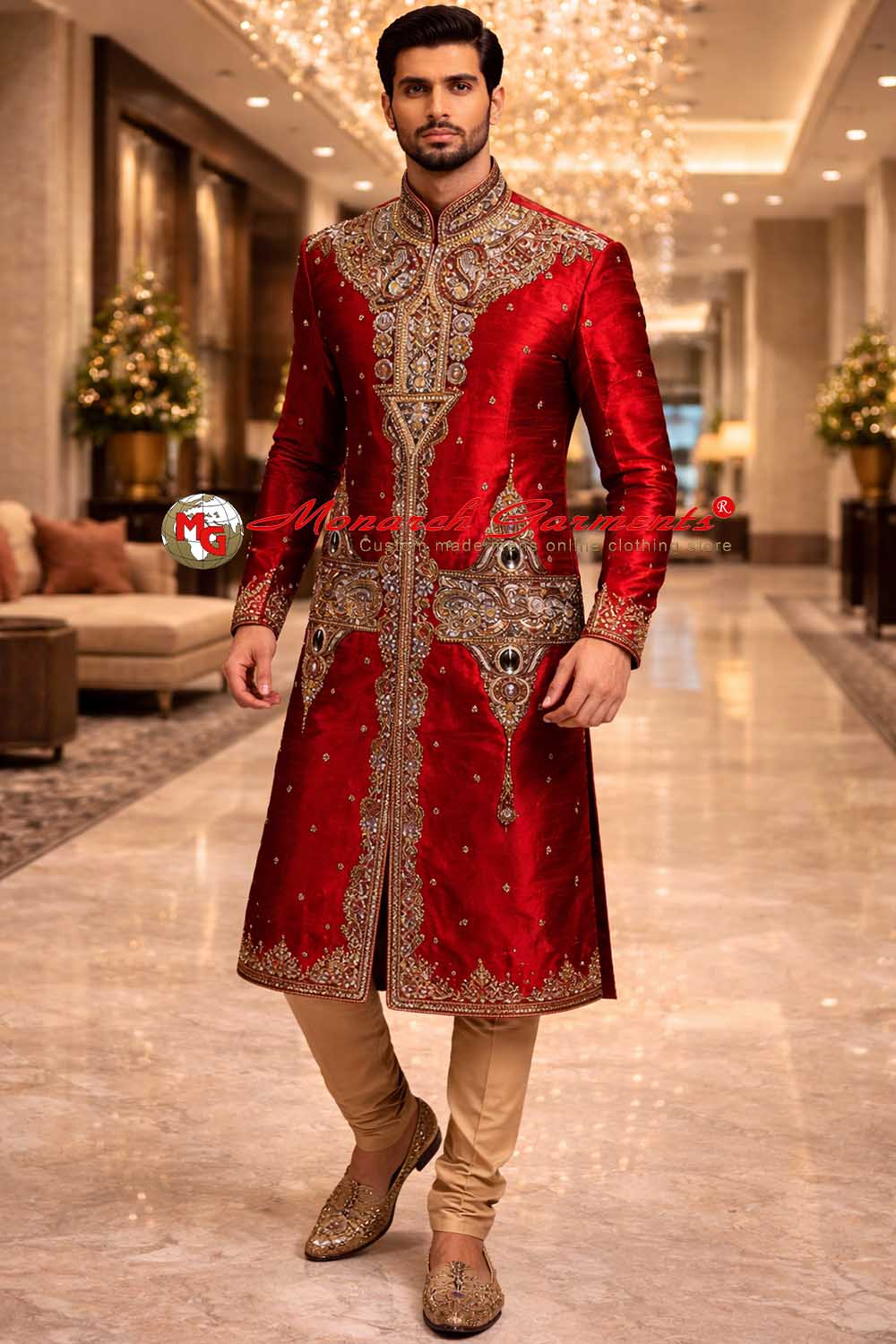 Red silk embroidered wedding sherwani for men with silver work and beige churidar by Monarch Garments
