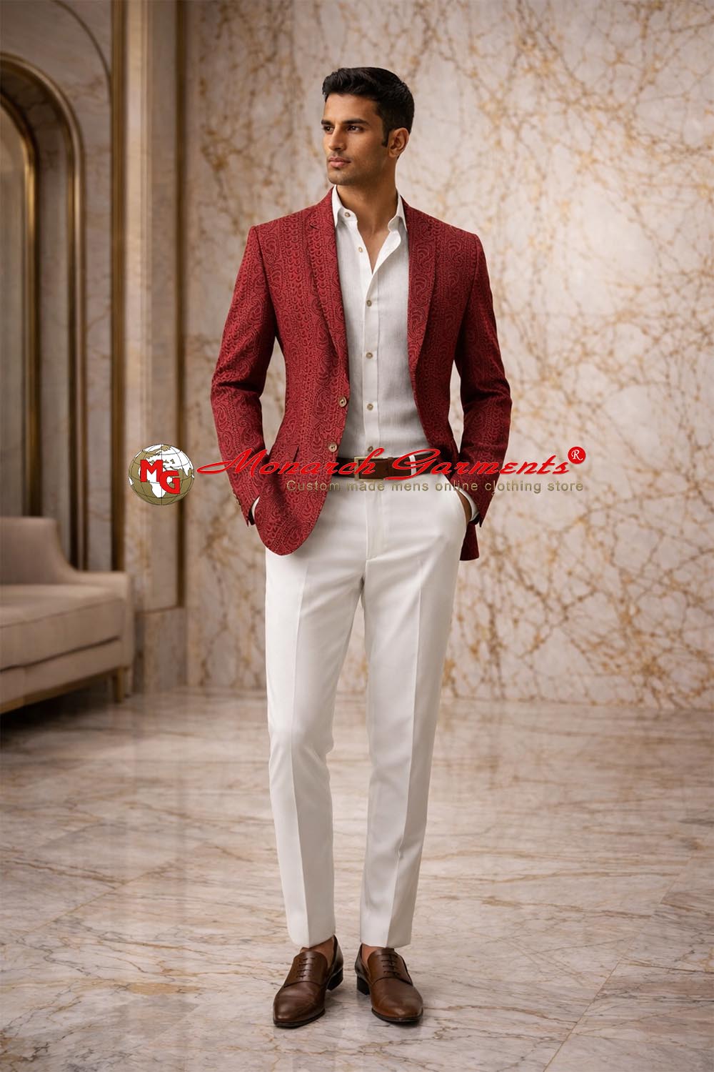 Red slim fit blazer for men with fine thread embroidery by Monarch Garments