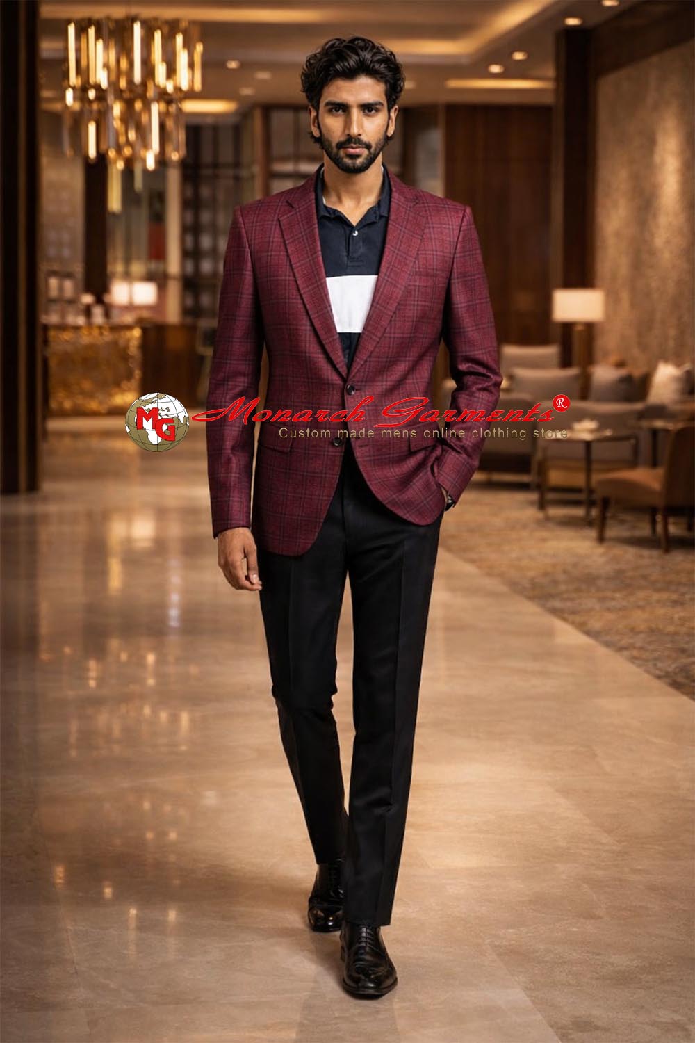 Men wearing red tweed checkered blazer for smart casual and evening wear India