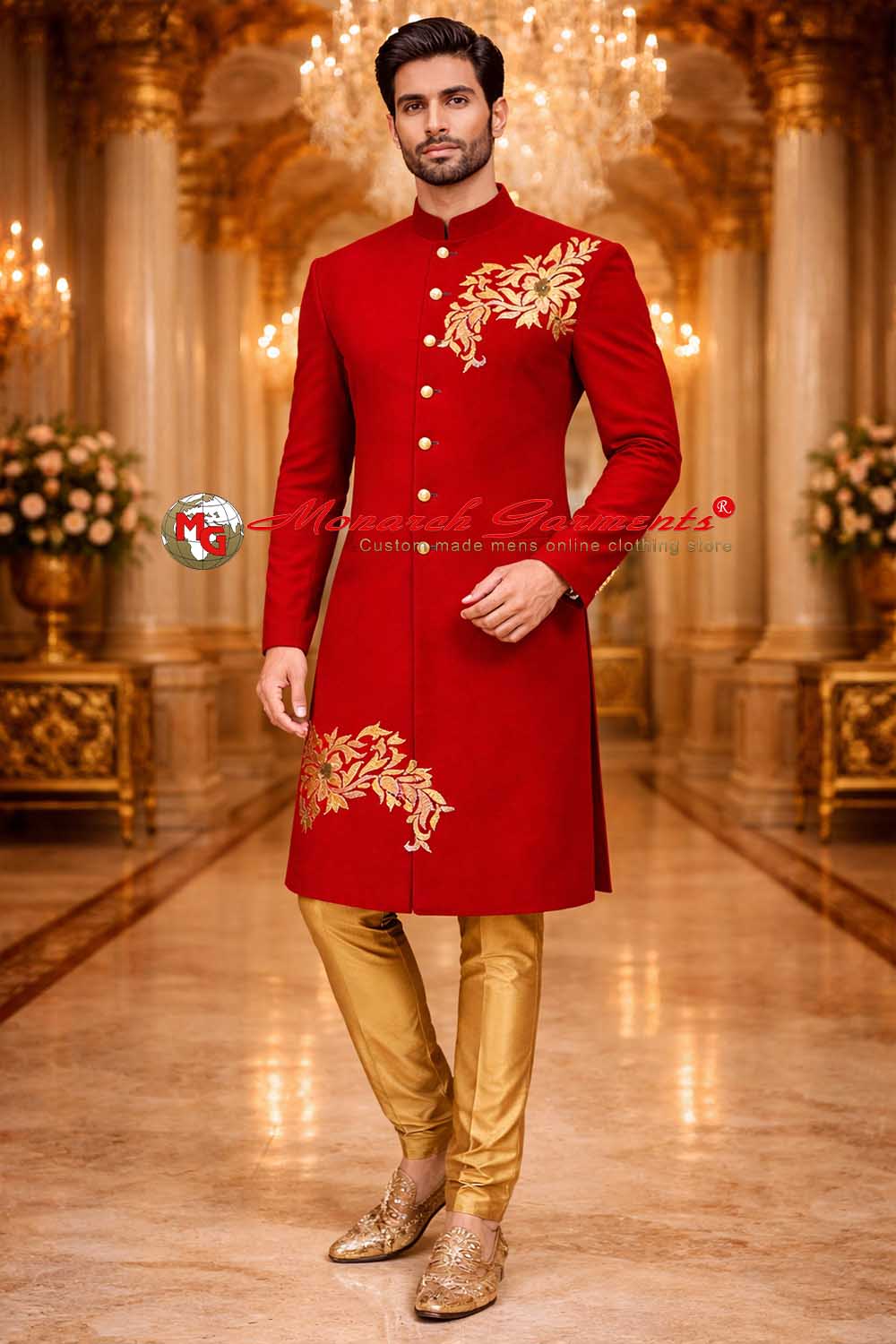 red velvet embroidered groom sherwani with golden churidar for indian wedding by monarch garments