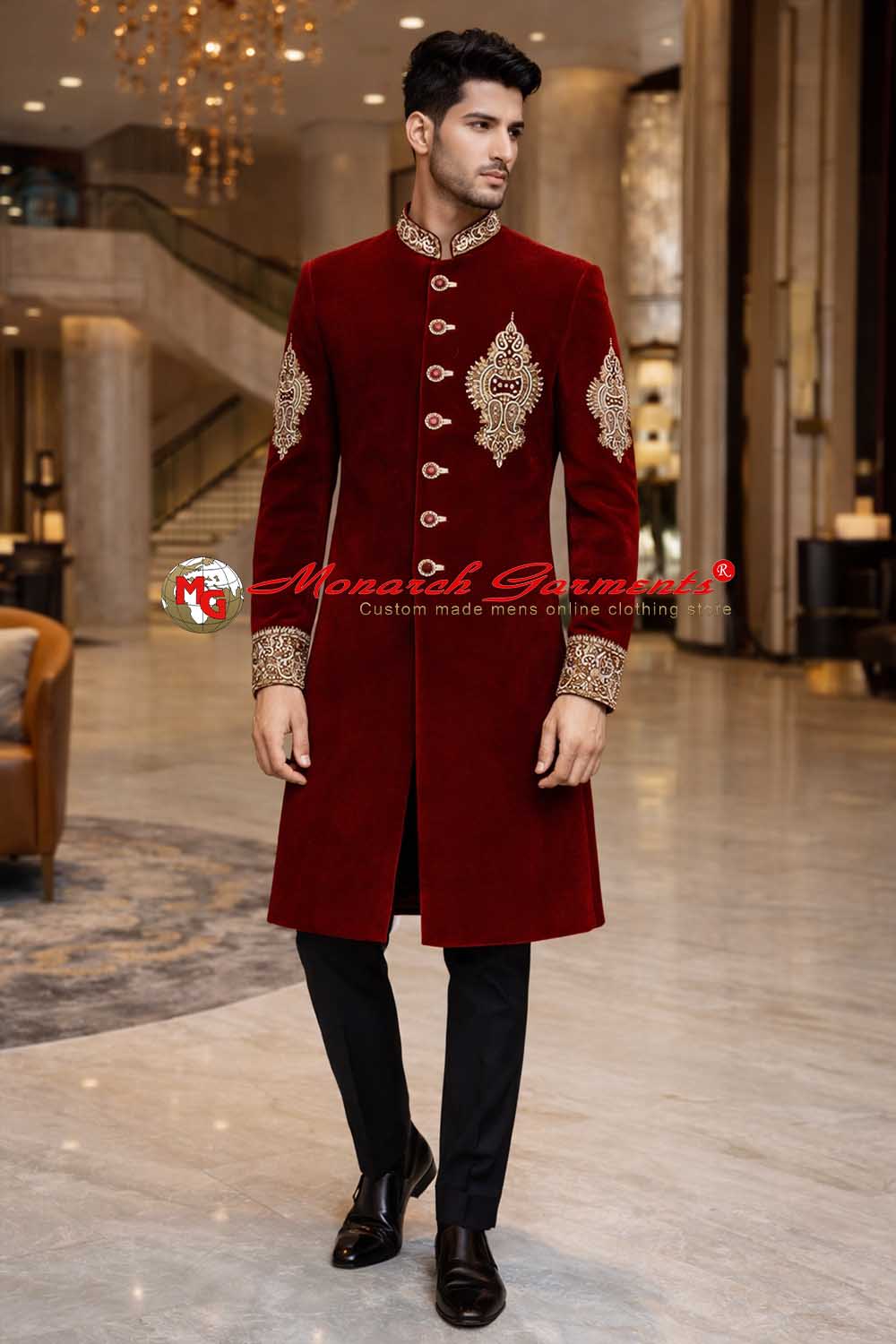 Red velvet embroidered Indo Western suit for men slim fit wedding outfit India