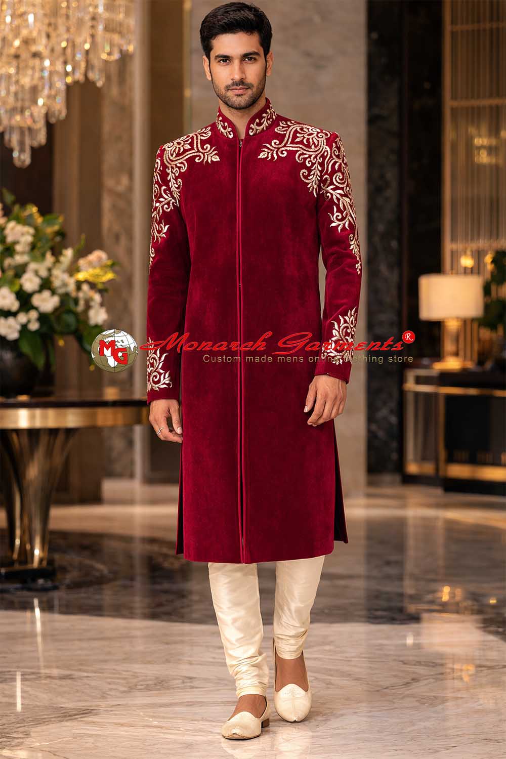 Royal red velvet embroidered wedding sherwani for men with gold embroidery, luxury groom wear by Monarch Garments India