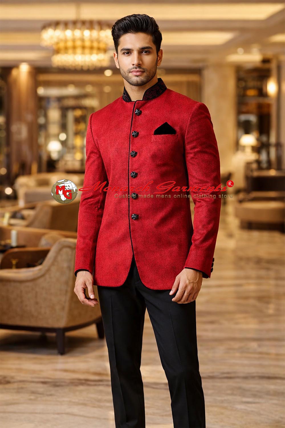 Red velvet Jodhpuri suit for men with hand embroidery and black trouser