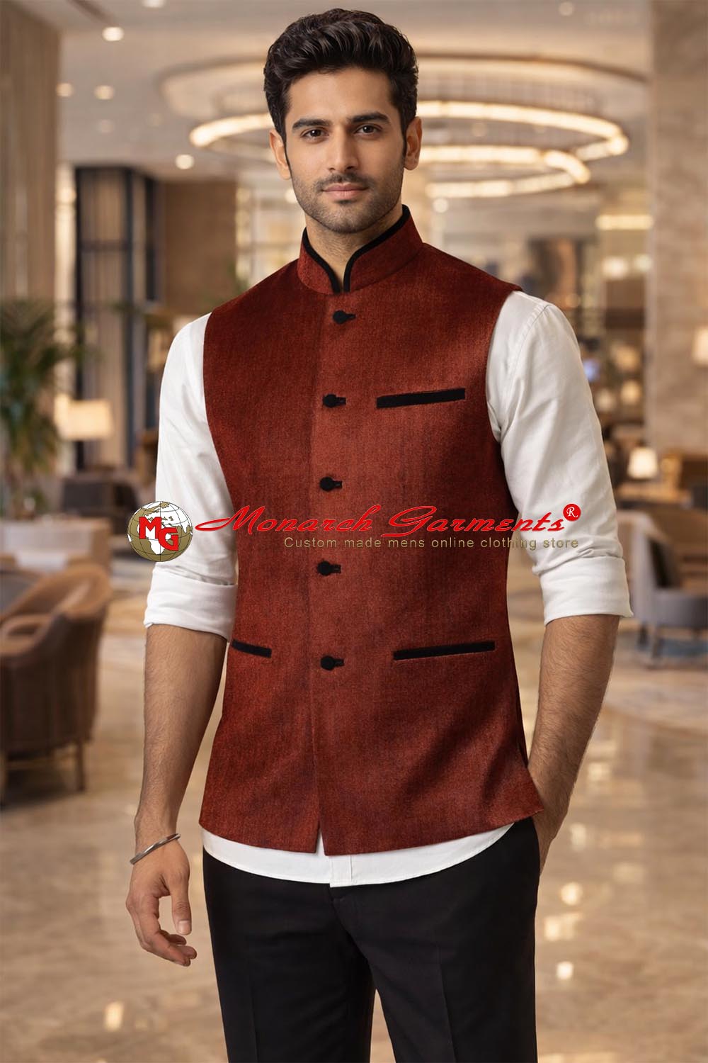 Red velvet Nehru vest for men slim fit wedding ethnic wear India