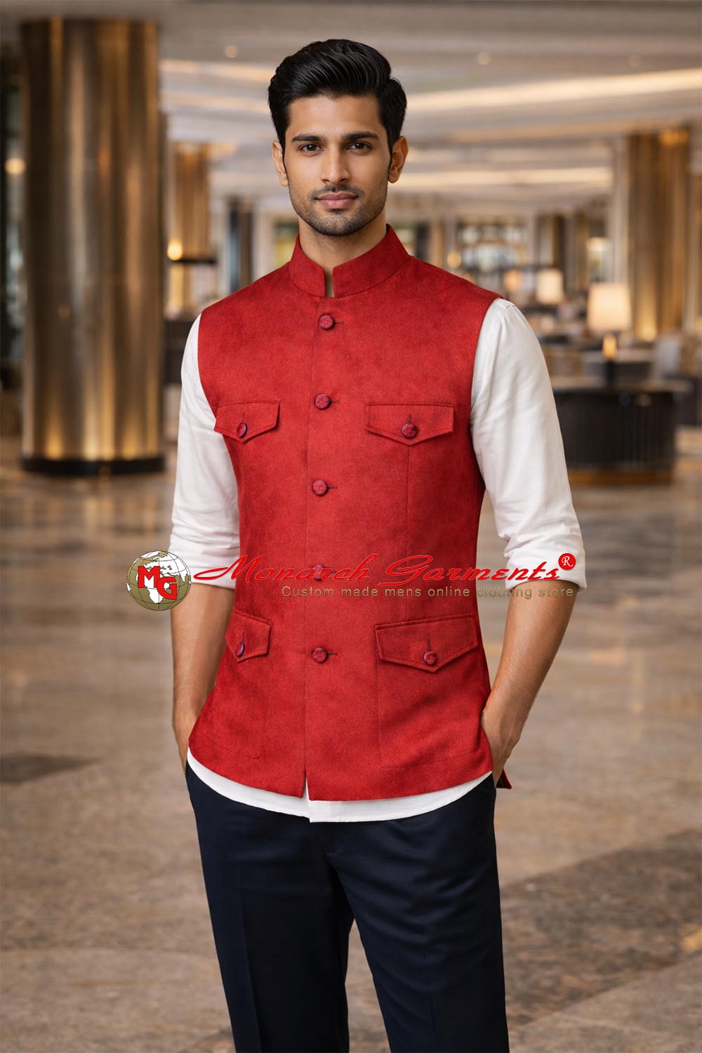 Red velvet Nehru vest for men safari style wedding wear India