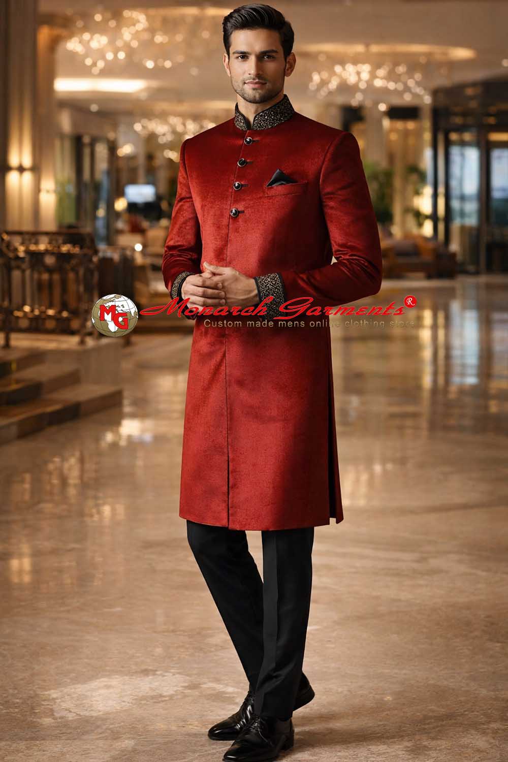 Red velvet sherwani for men with black trouser wedding outfit India