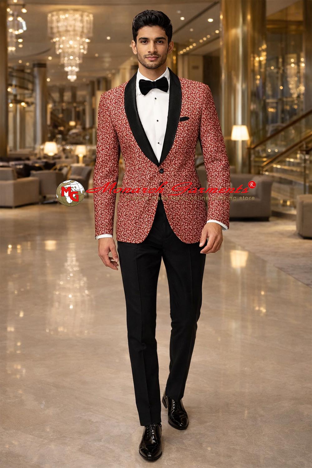Red brocade floral blazer with silver zari pattern and black satin shawl lapel for wedding reception by Monarch Garments
