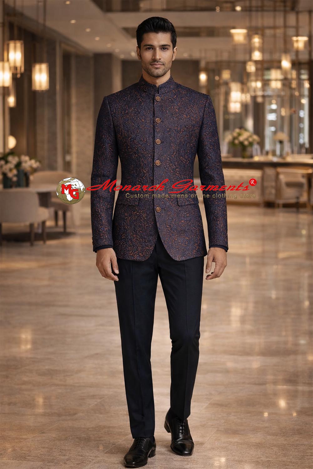 Regency blue jacquard Jodhpuri suit for men with black trouser slim fit
