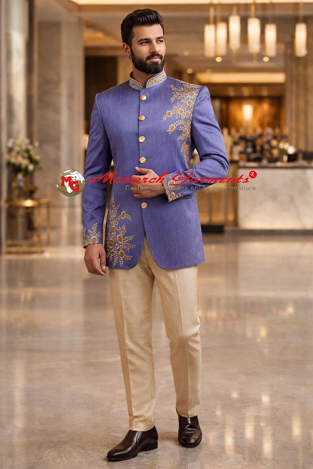 Regency purple Jodhpuri suit for men with brown embroidery and beige trouser