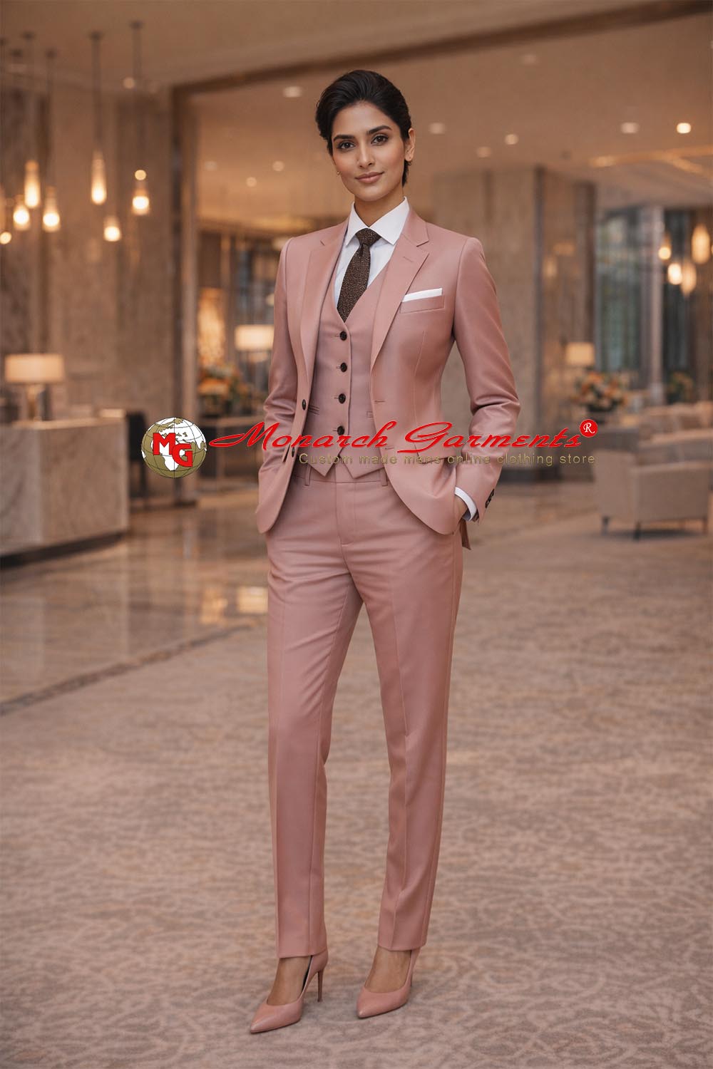 Dusty rose 3 piece slim fit suit for women with blazer waistcoat and tailored trousers