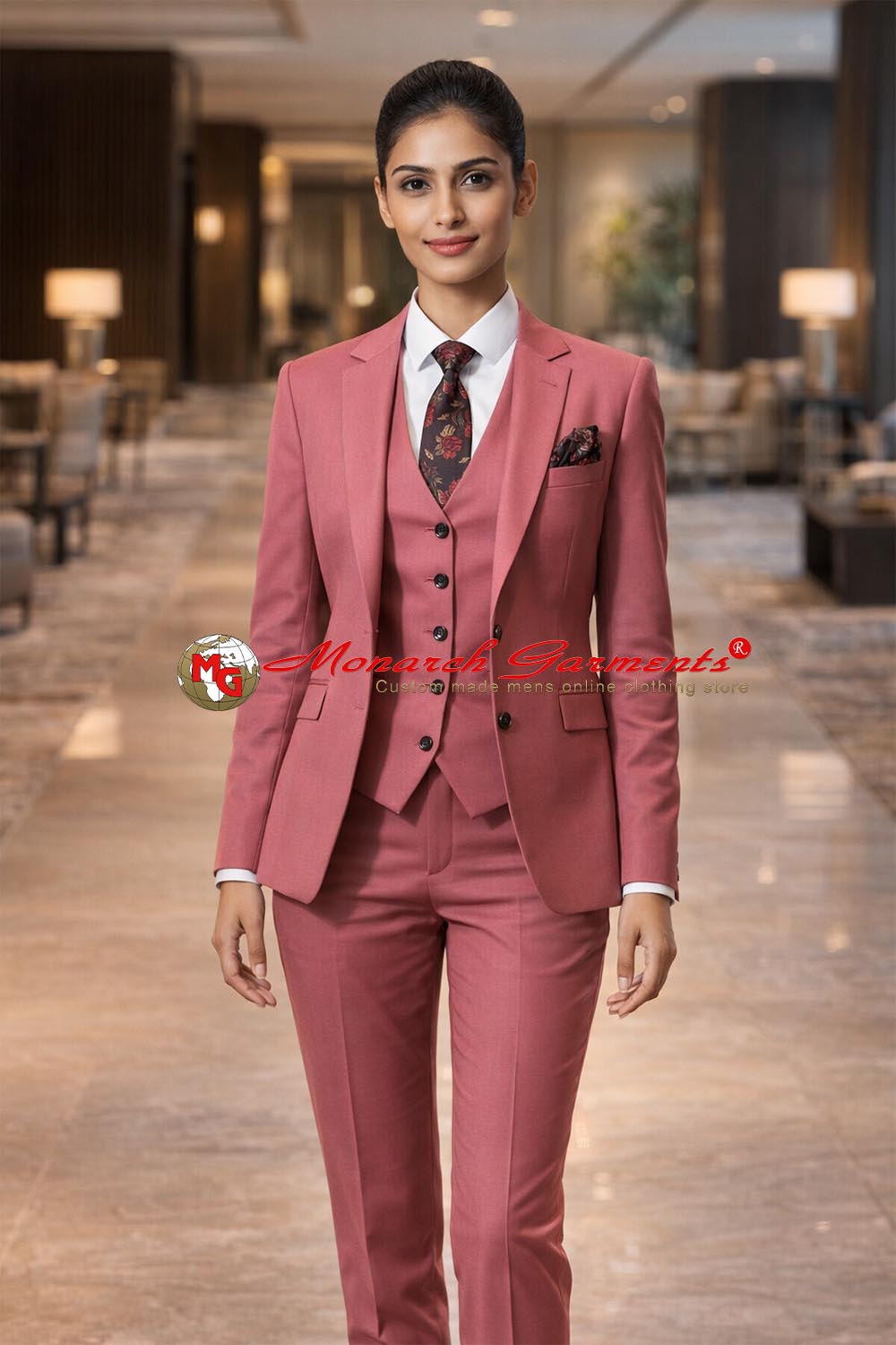 Dusty rose 3 piece slim fit formal suit for women with blazer waistcoat and tailored trousers