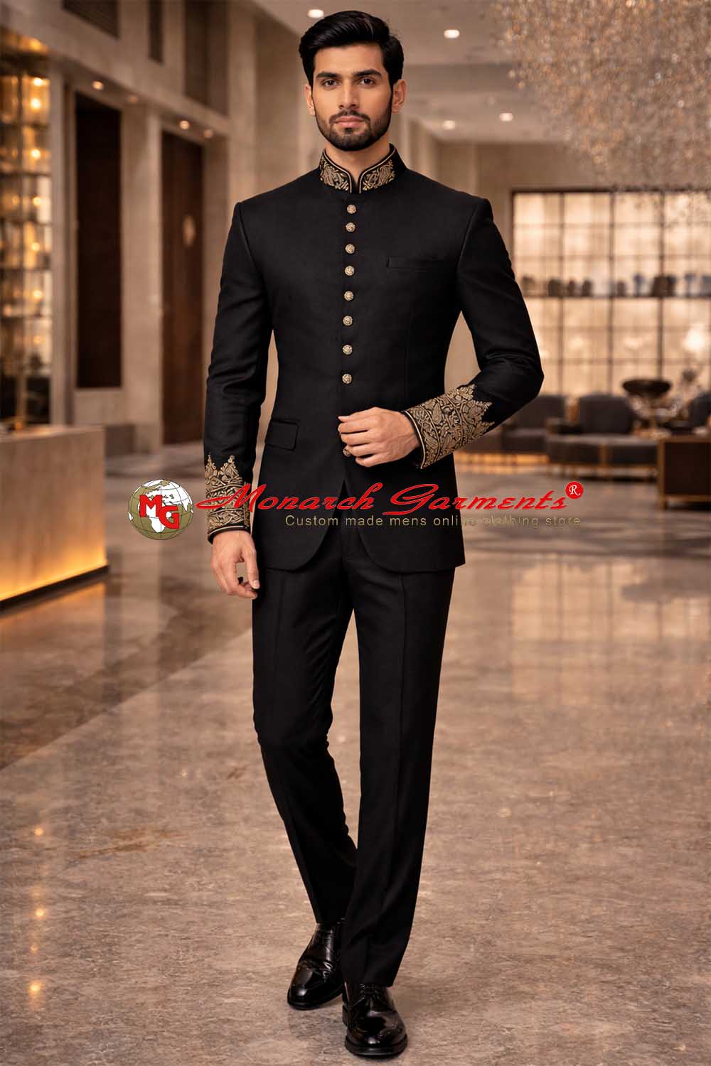 Royal black embroidered Nehru collar suit for men concealed button bandhgala wedding outfit Monarch Garments