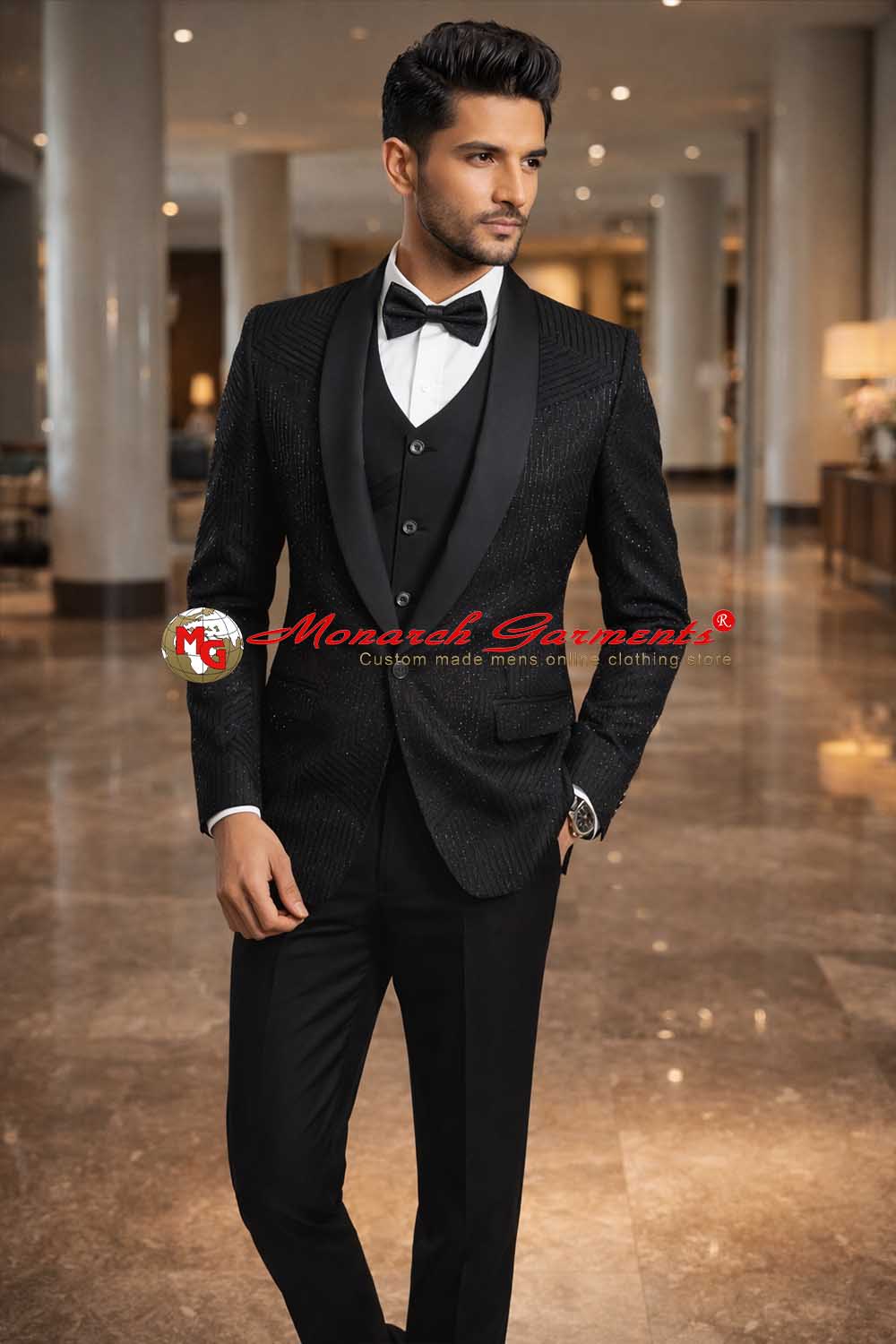 Royal black embroidered shawl lapel tuxedo suit for men slim fit wedding wear India