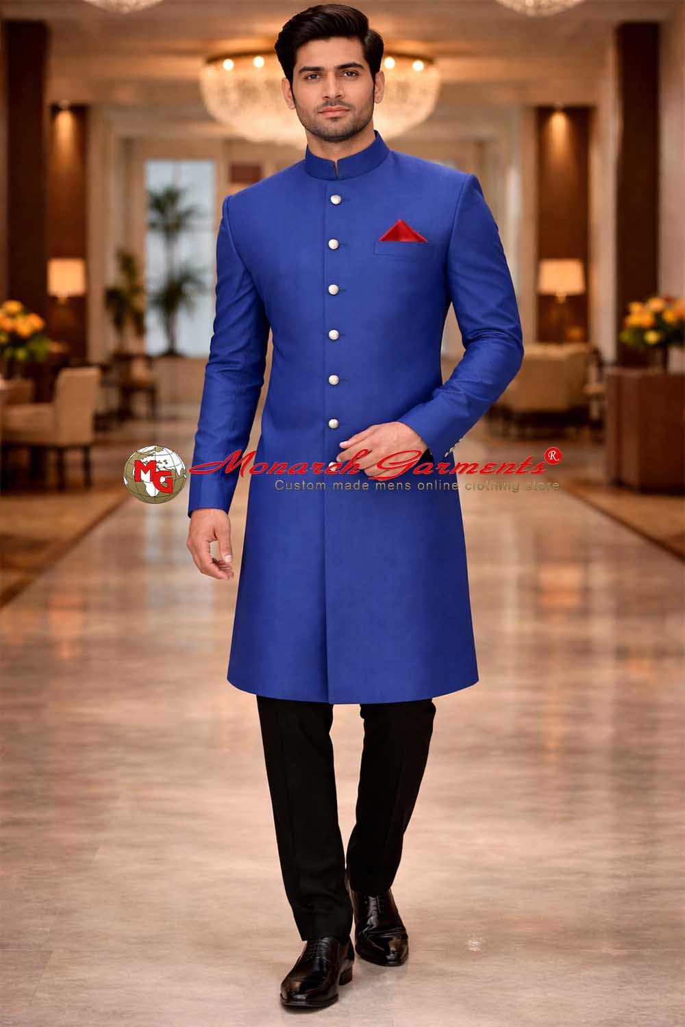 Royal blue bandhgala sherwani for men with red pocket square and metallic buttons – premium ethnic sherwani by Monarch Garments India