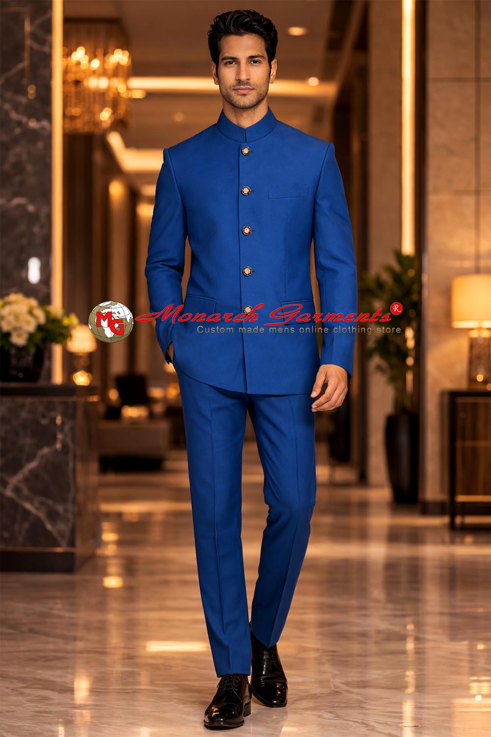 Royal blue bandhgala suit for men by Monarch Garments – luxury Indian wedding and reception outfit