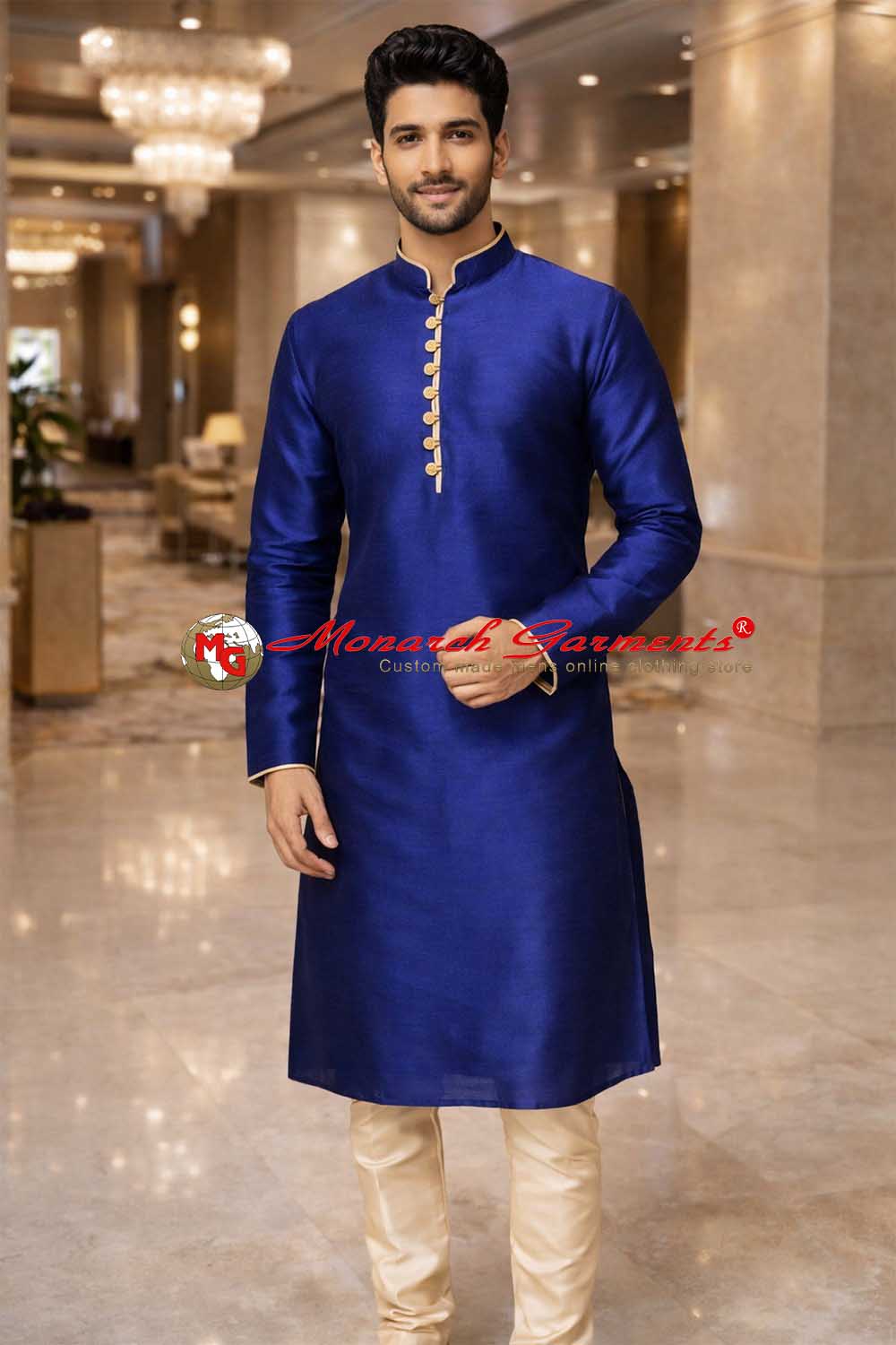 Royal blue dupion silk kurta pajama for men slim fit wedding ethnic wear India