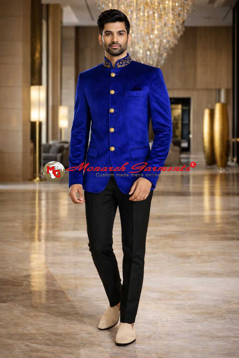 Royal blue velvet Jodhpuri bandhgala suit for men with embroidered collar by Monarch Garments for Indian weddings and reception wear