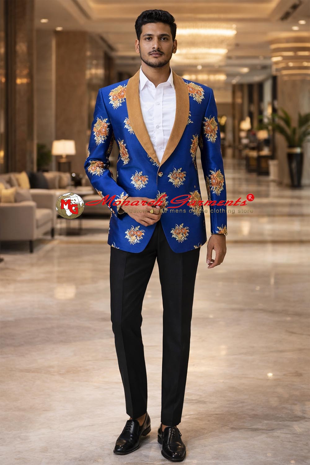 Royal blue floral embroidered slim fit blazer with shawl collar for men by Monarch Garments