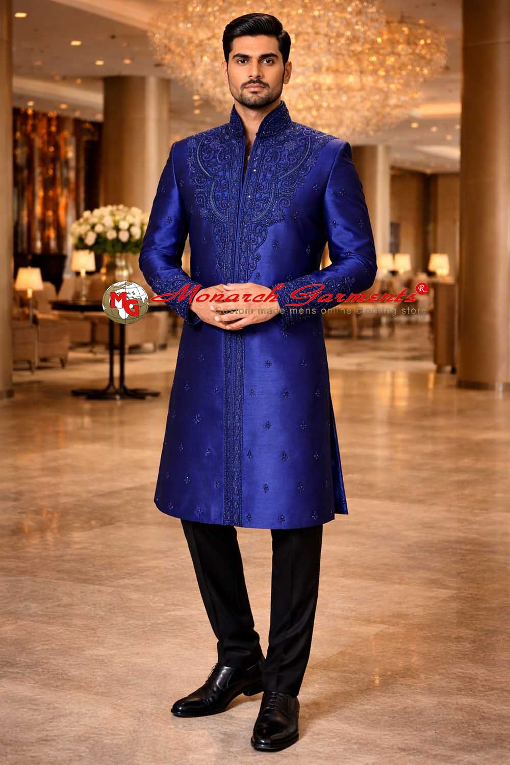 Royal blue embroidered silk V-neck sherwani for men with black trousers – Monarch Garments