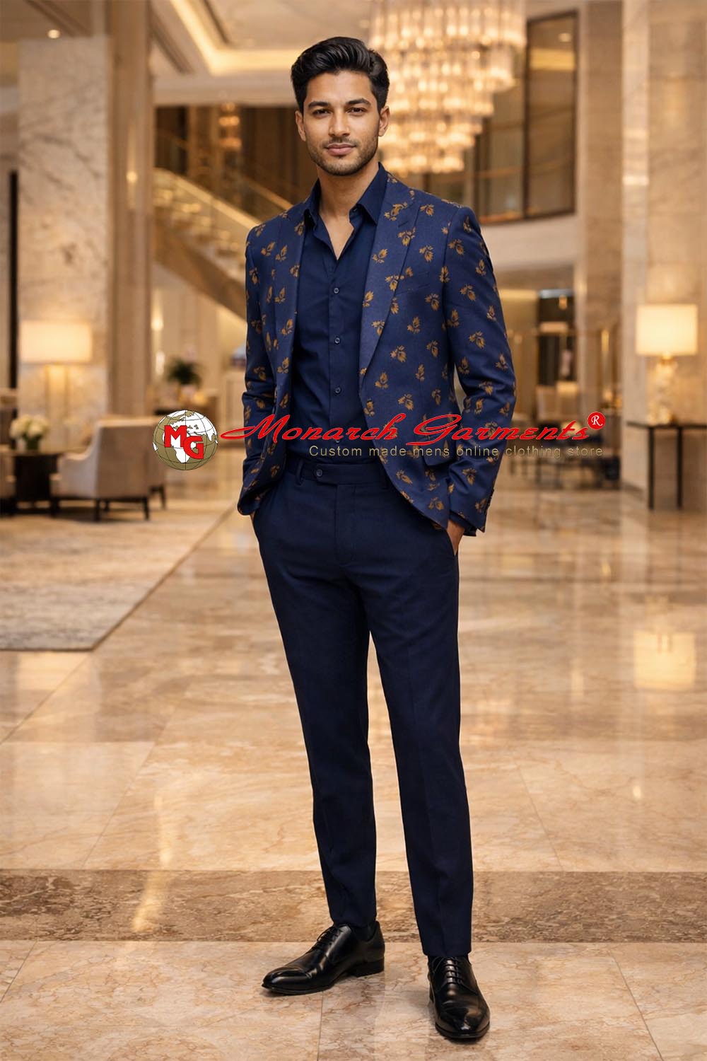 Men wearing royal blue ethnic blazer with gold floral pattern styled for party and wedding occasions