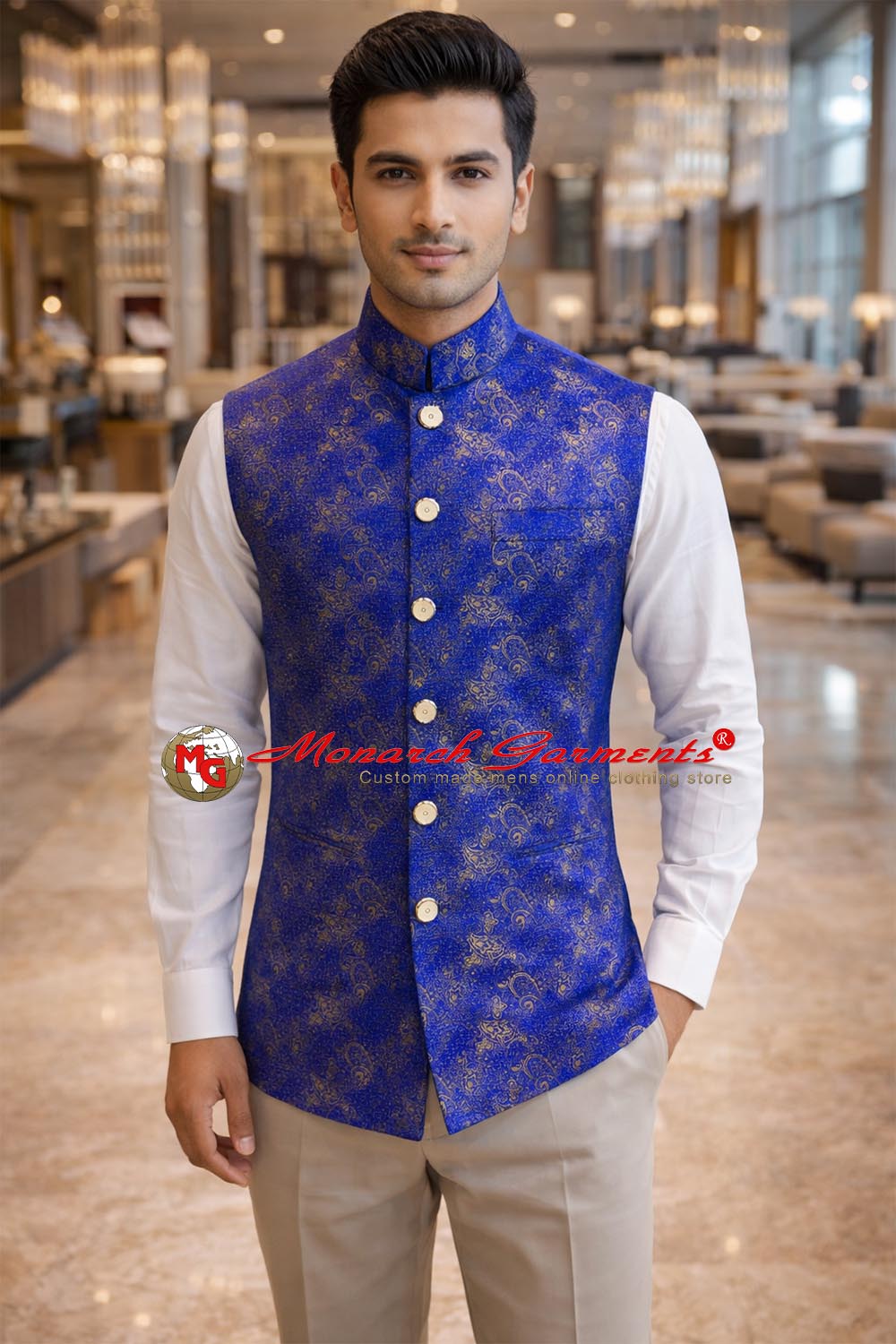 Royal blue floral Nehru vest for men in jute silk tailored fit wedding wear India