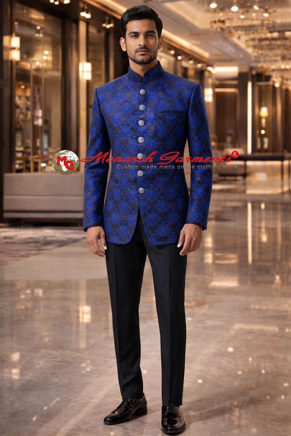 Royal blue jacquard Jodhpuri suit for men with black trouser slim fit
