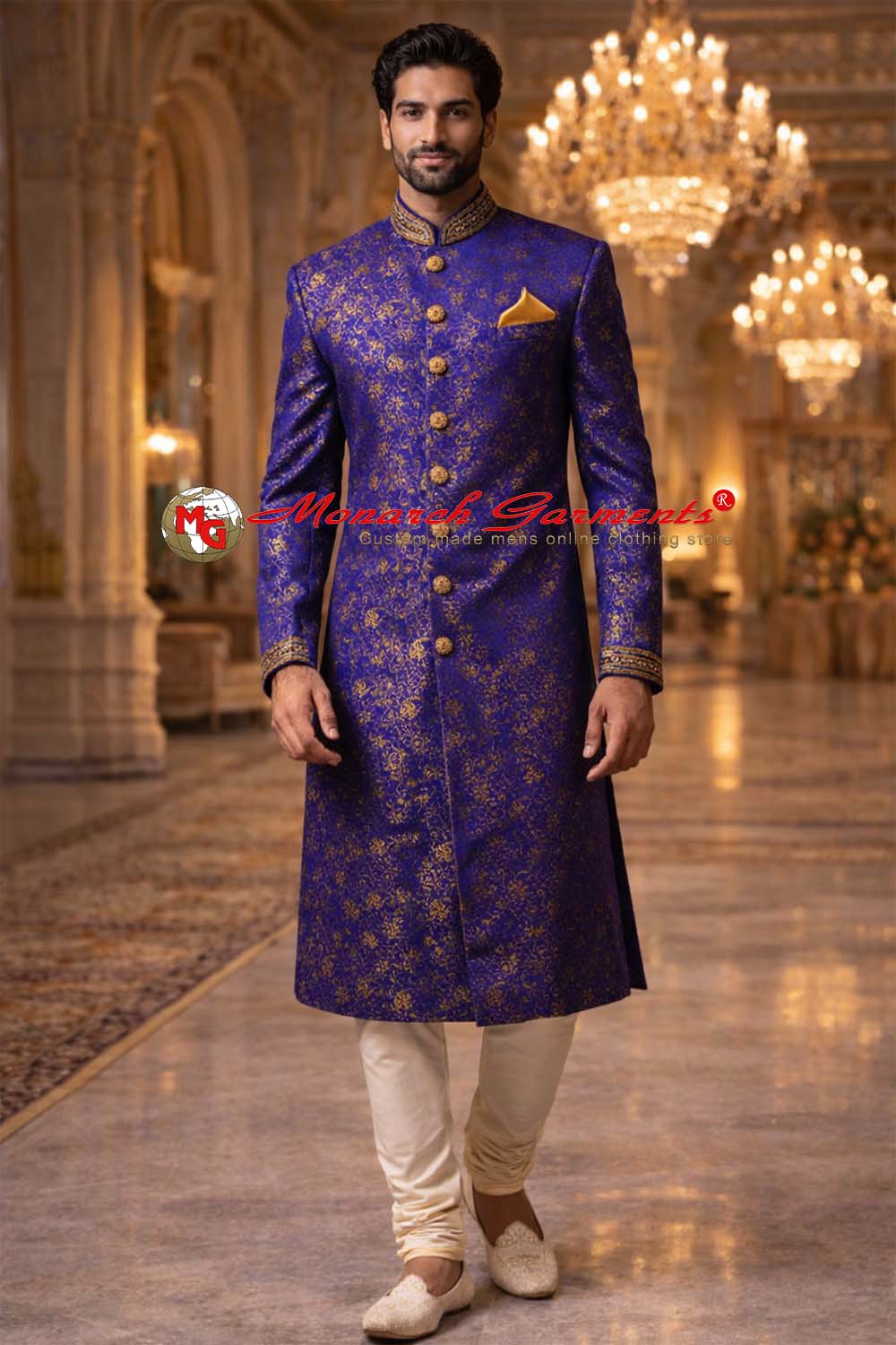 Royal blue jacquard wedding sherwani for men with gold motifs and bandhgala collar by Monarch Garments