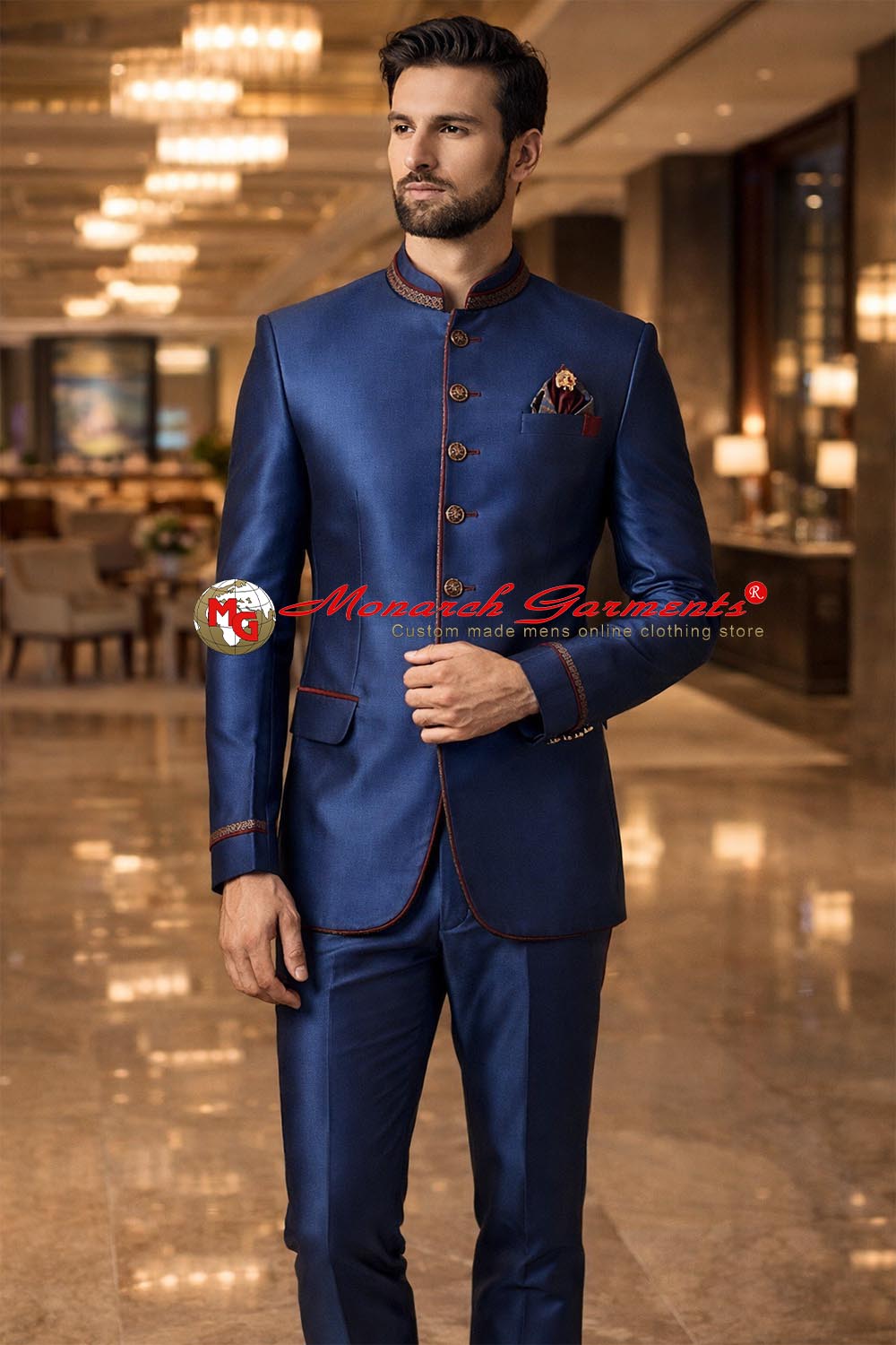 Royal blue Jodhpuri suit for men 3 piece bandhgala with contrast detailing by Monarch Garments India