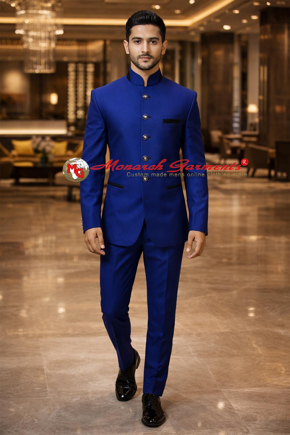 Royal blue Jodhpuri suit for men bandhgala wedding outfit by Monarch Garments India