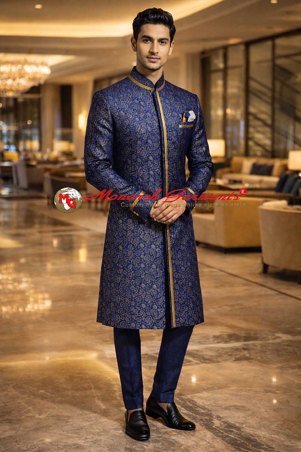 Royal blue jute silk Indo Western suit for men with yellow trim and white churidar wedding outfit India