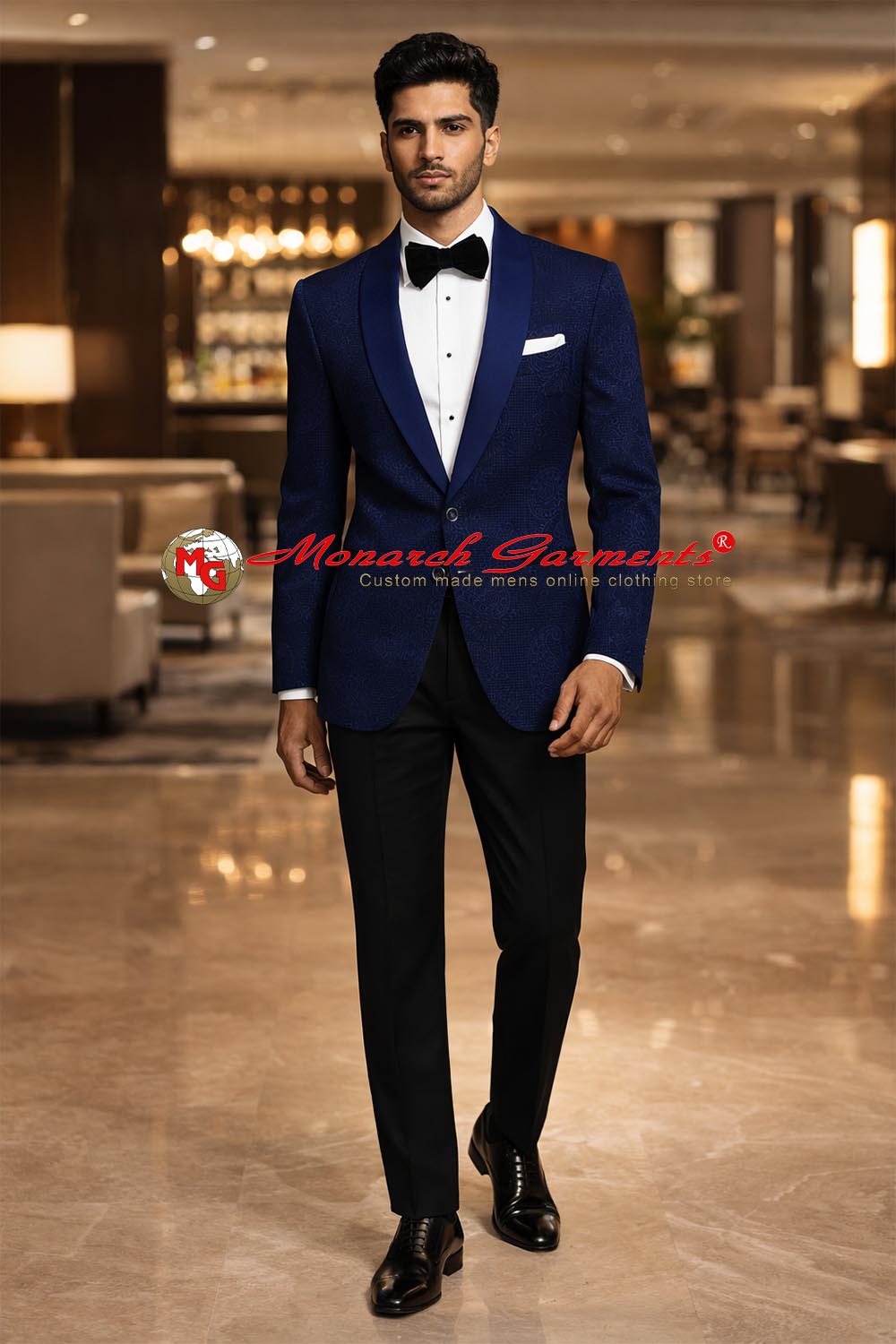 Men’s royal blue paisley velvet slim fit blazer with shawl lapel for wedding reception and luxury evening wear