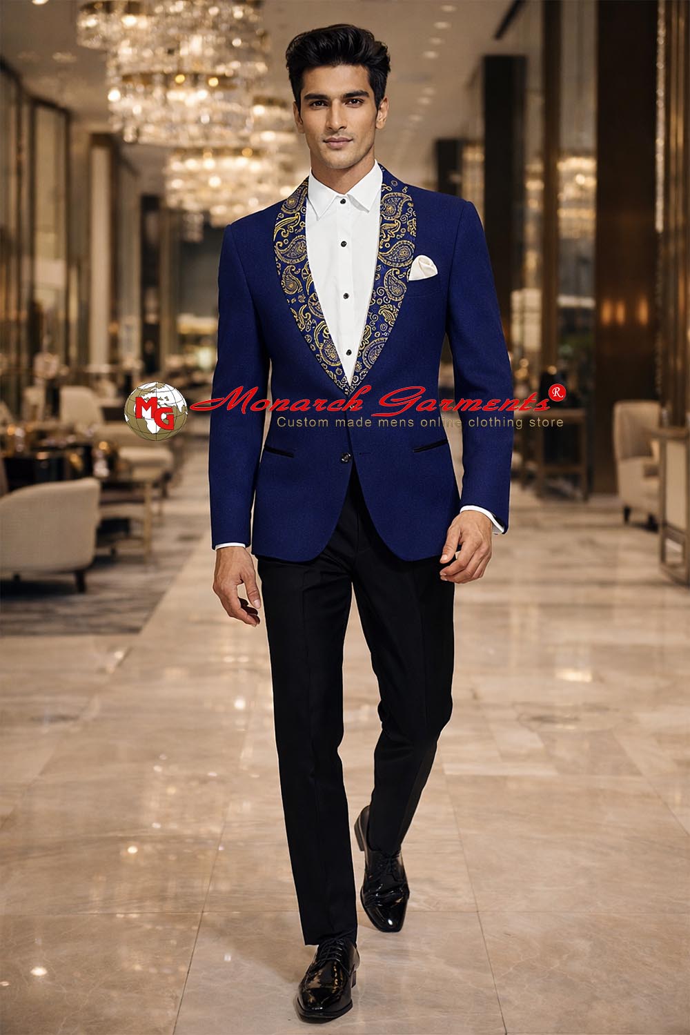 Men’s royal blue velvet slim fit blazer with printed shawl lapel for wedding and reception wear