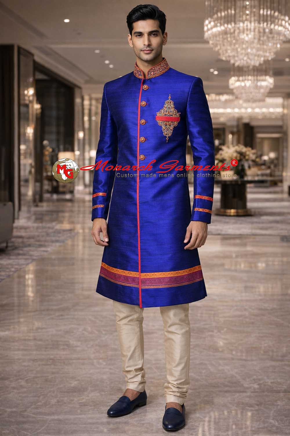 Royal blue raw silk Indo Western suit for men with embroidery and dupion silk pyjama