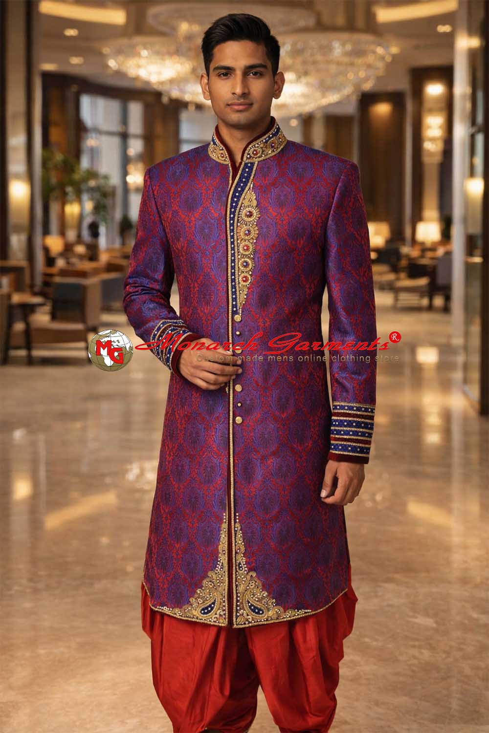 Royal blue and red brocade embroidered wedding sherwani for men with bandhgala collar by Monarch Garments India