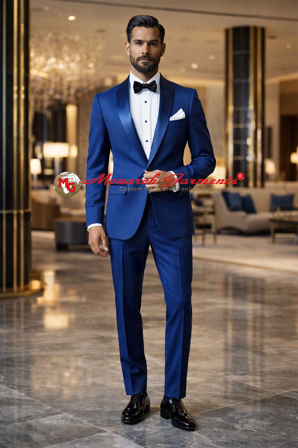 Royal blue shawl collar tuxedo suit for men slim fit wedding wear India
