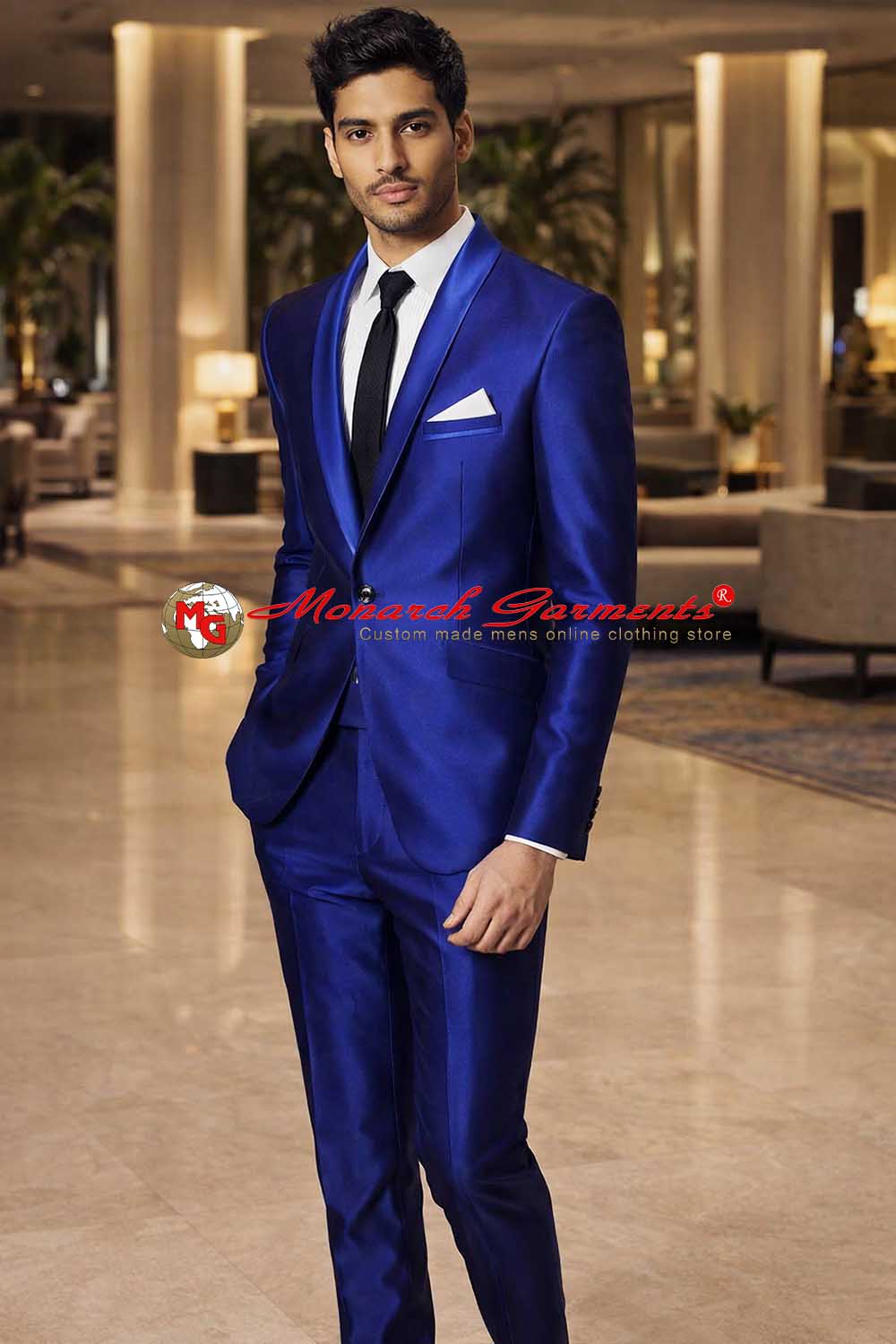 Royal blue tuxedo suit for men shawl lapel slim fit wedding formal outfit