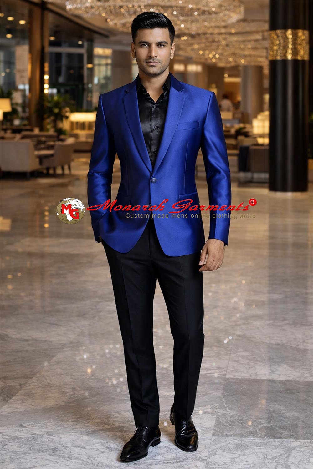 Royal blue slim fit partywear blazer for men with notched lapel by Monarch Garments