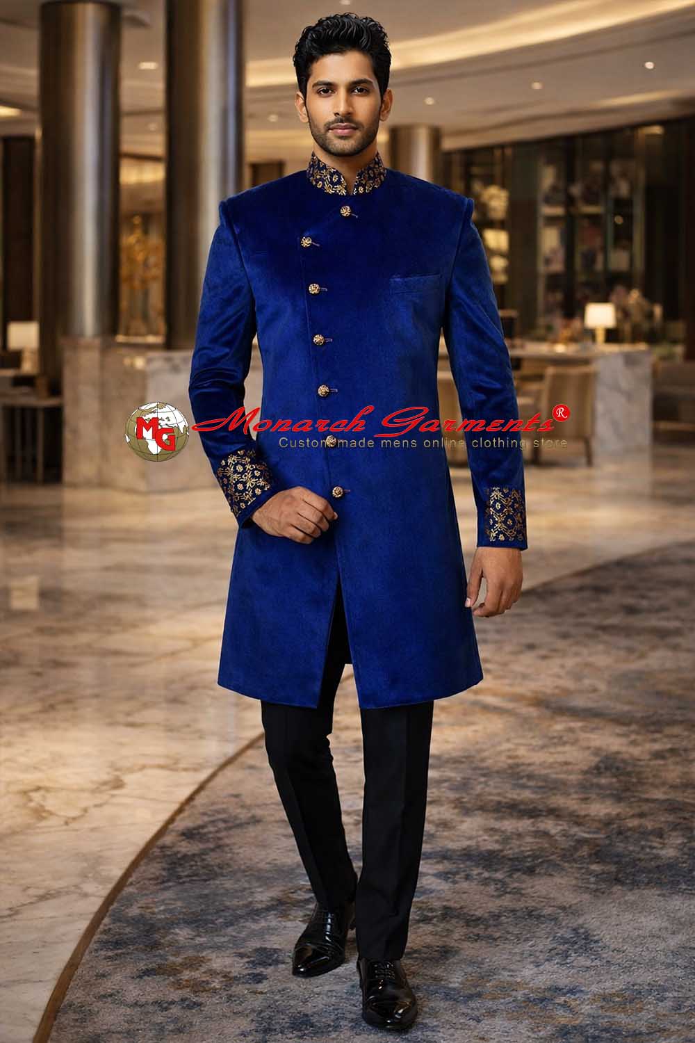 Royal blue velvet Indo Western suit for men angrakha style with black trouser wedding outfit India