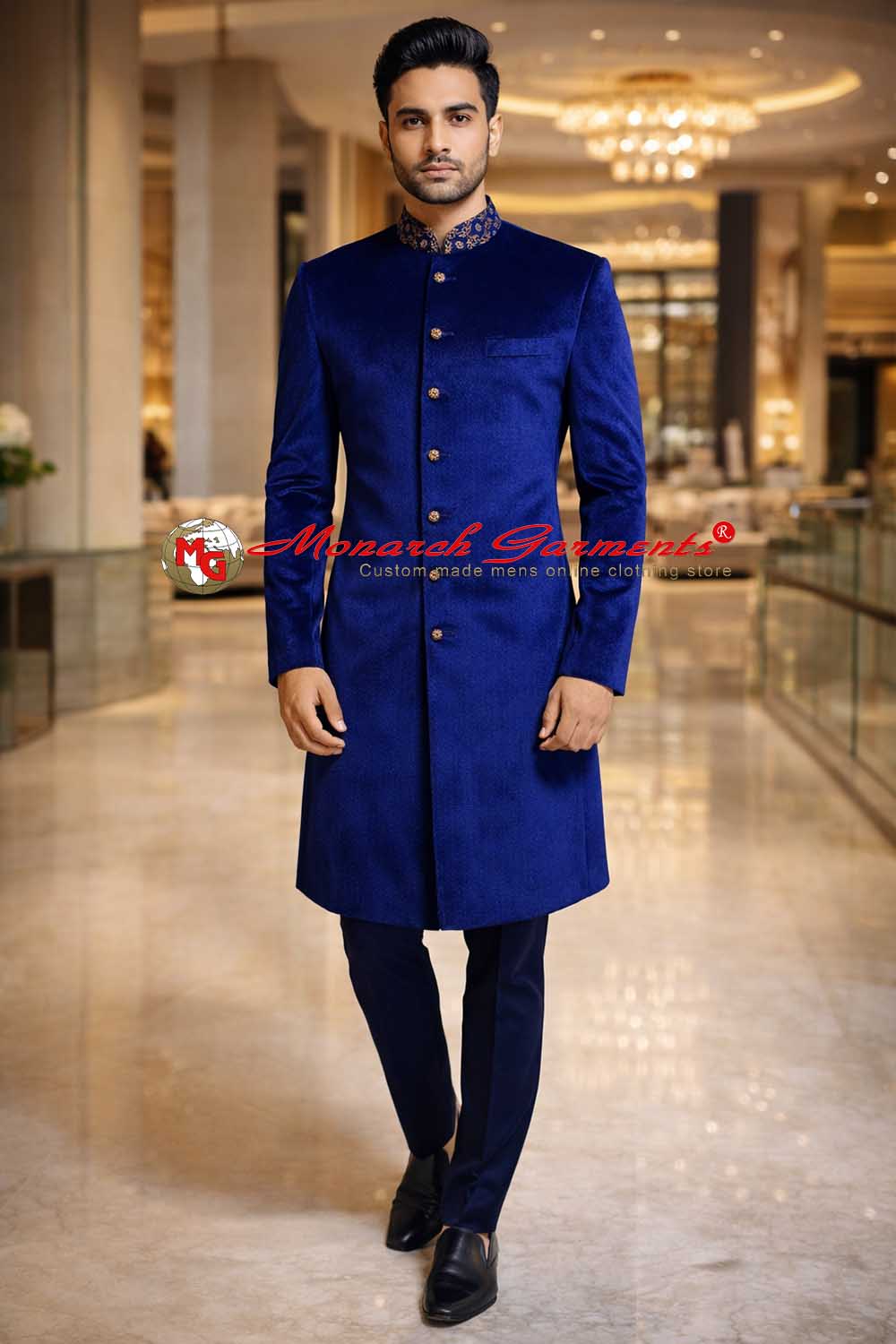 Royal blue velvet Indo Western suit for men with designer collar slim fit wedding outfit India