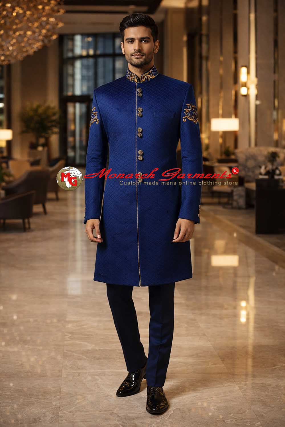 Royal blue velvet Indo Western suit for men with golden embroidery and black pyjama for wedding wear India