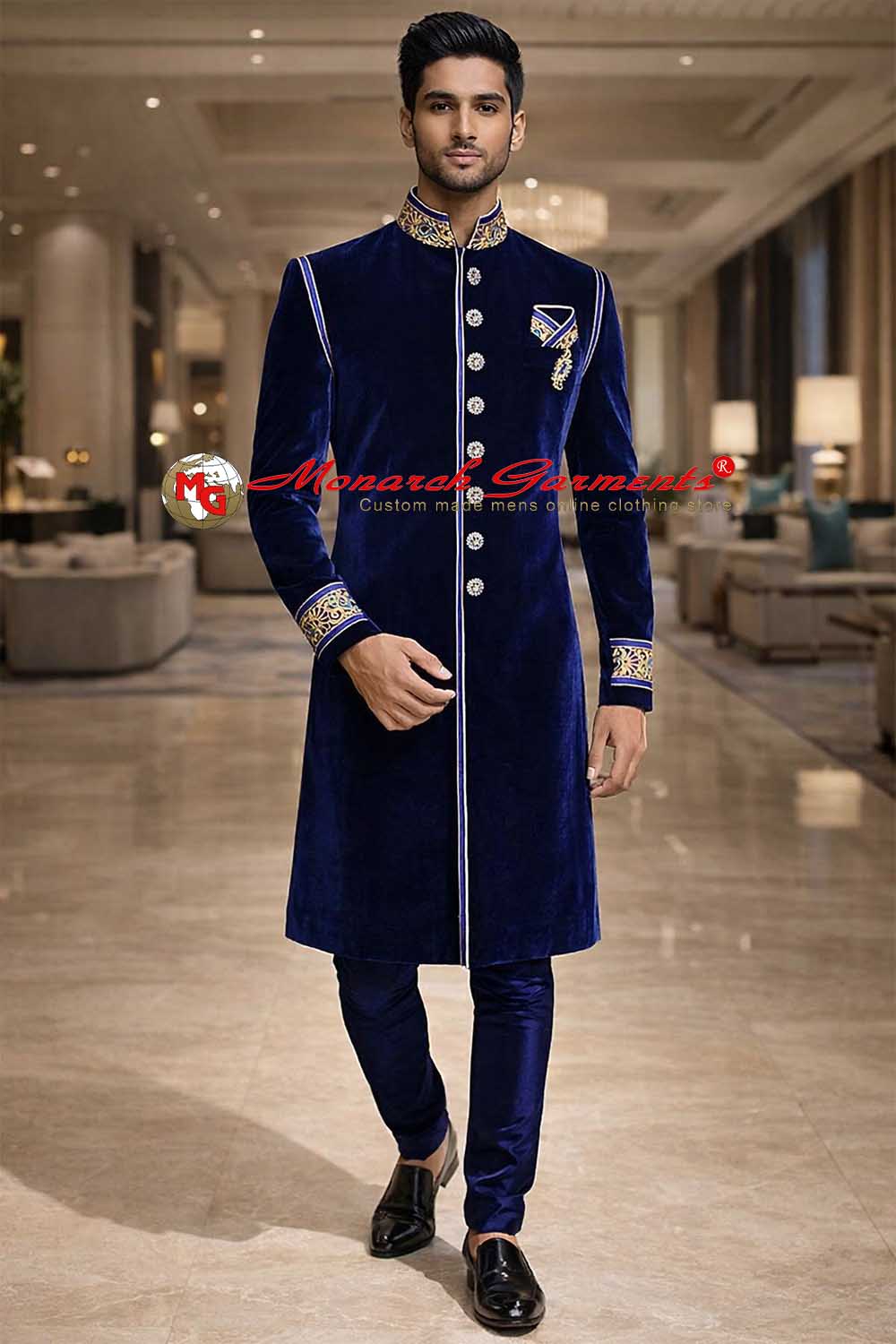 Royal blue velvet Indo western sherwani for men with churidar wedding wear