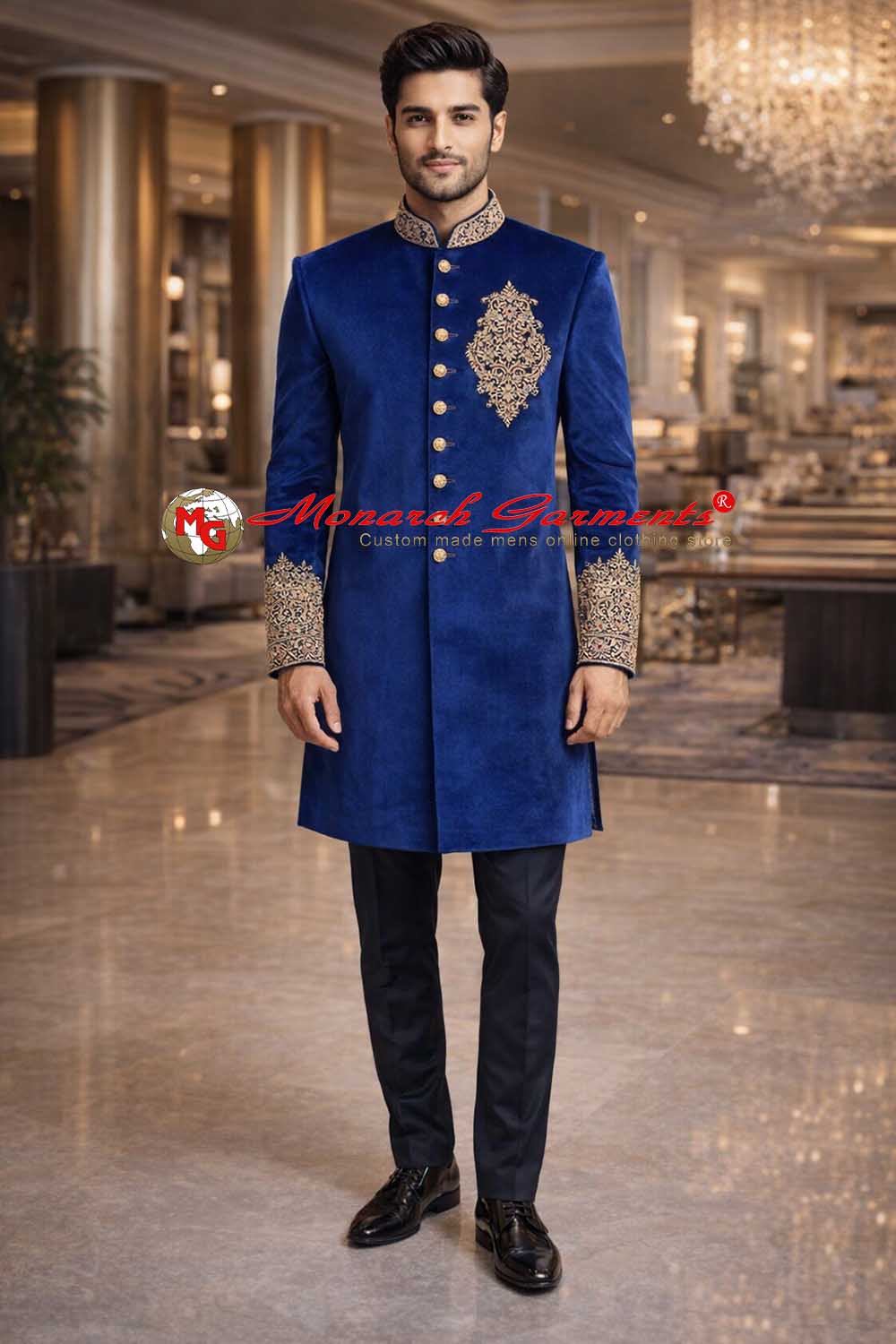Royal blue velvet Indo Western suit for men with embroidery and black trouser