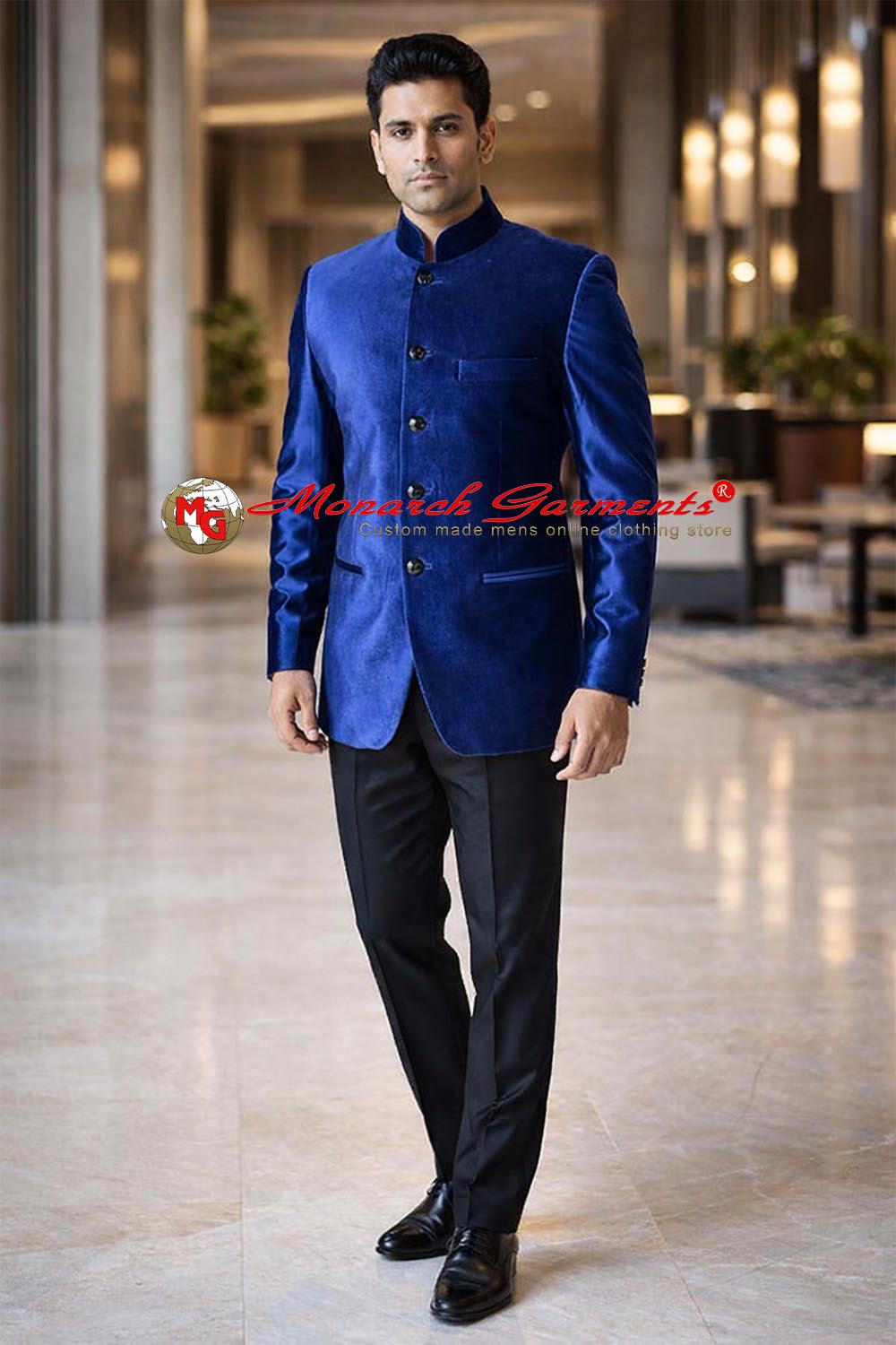 Royal blue velvet Jodhpuri suit for men with black Jodhpurs wedding wear